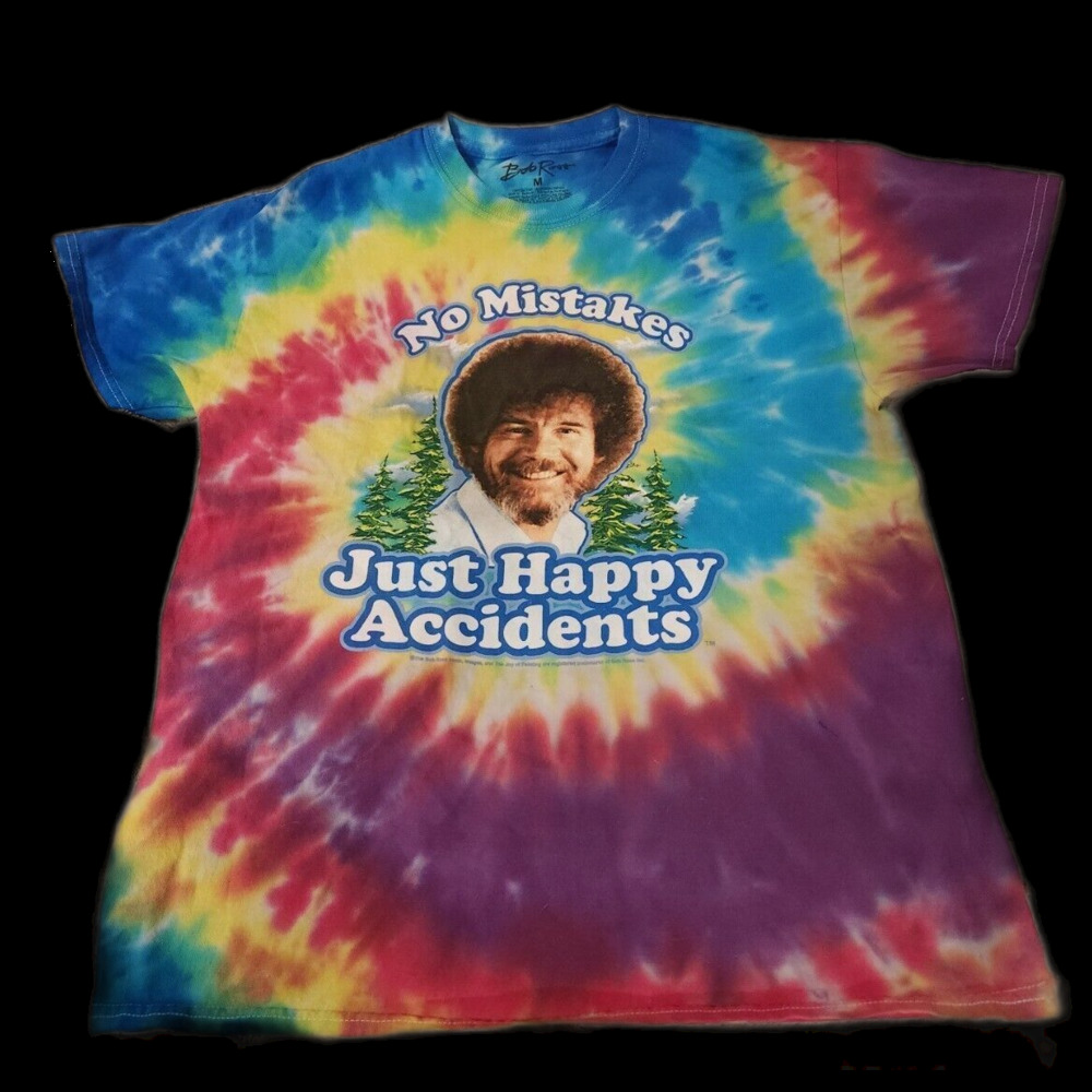 Bob Ross Tie Dye T-shirt "No Mistakes Just Happy Accidents" Adult Size Medium